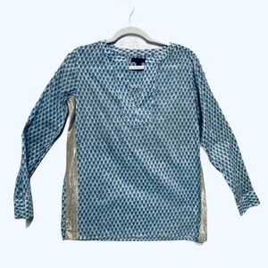 J. Crew Women's Blue and Gold Patterned Blouse